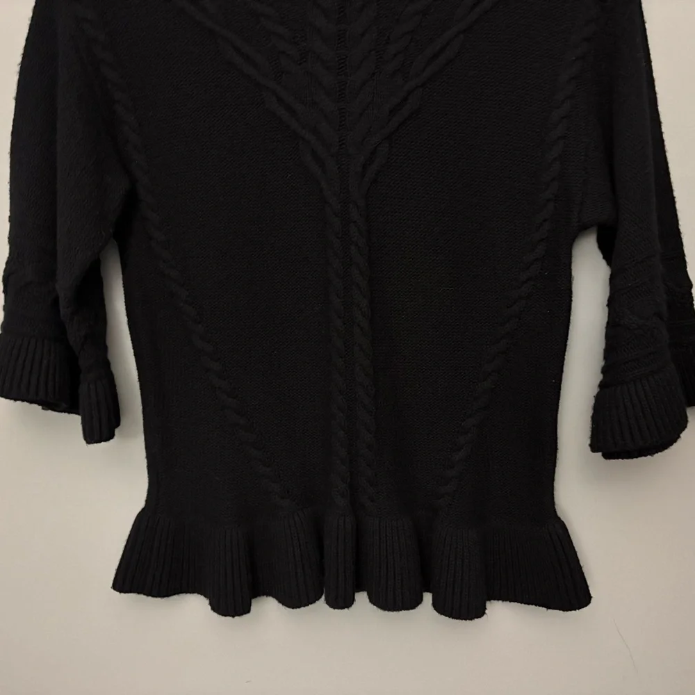 Kate Spade Cable Knit Peplum Sweater XS Black 3/4 Sleeve Wool Cashmere Blend